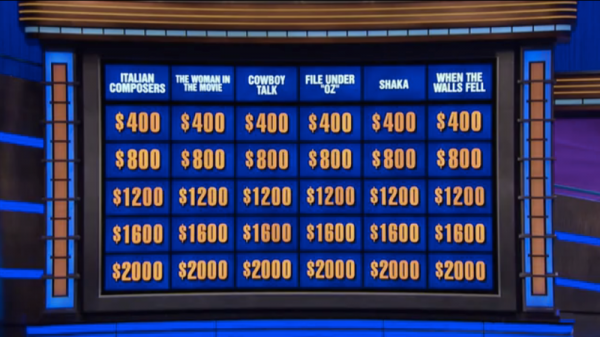 Jeopardy board with columns 'shaka' and 'when the walls fell
