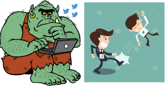 cartoon of troll with laptop tweeting, and a person with Stack Overflow mark kicking a person with a moderator mark